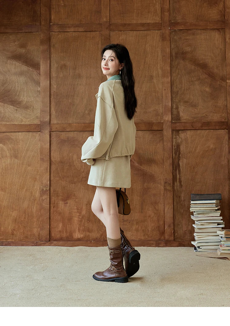 Mishow Polo Neck Sweatshirt & Contrast Letter Skirt Set MXD44V0097