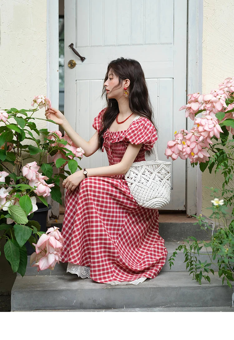 MISHOW Women's Retro Red Plaid Dress 2025 Summer New Square Neck Lace Up Hollow Out Spliced Dresses Women's Clothing MXE39L2324