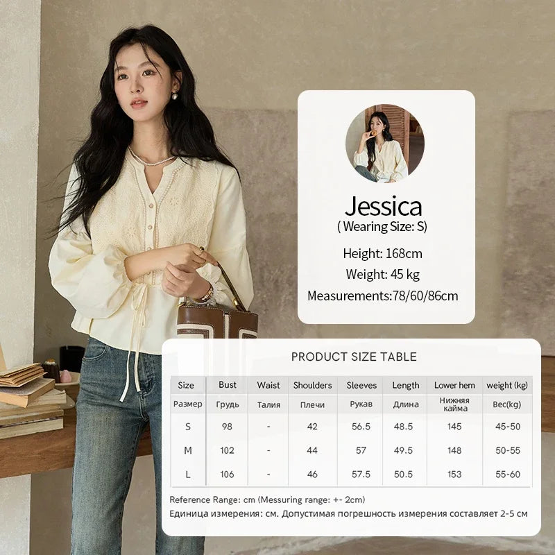 MISHOW Women's French V-neck Blouse Lace Lantern Sleeve Long-sleeved Blouses 2024 Fall Tie Drawstring Waist Slim Tops MXD45X1660