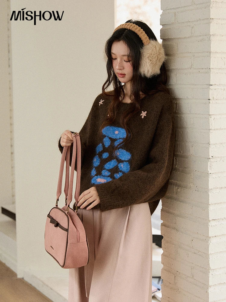 MISHOW Women's Lucky Bottle Jacquard Wool Warm Sweater 2025 Winter 3D Floral Color Block Retro Thickened Knitwear MXE91Z2840