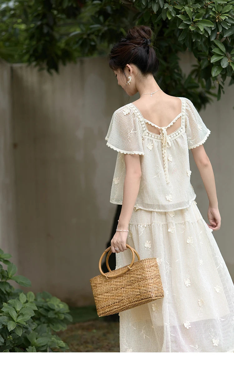 MISHOW Elegant Butterfly Flying Sleeve Blouses Elastic Waist Skirt Separately Summer Back Lace-up Top Midi Skirts MXD29X1559