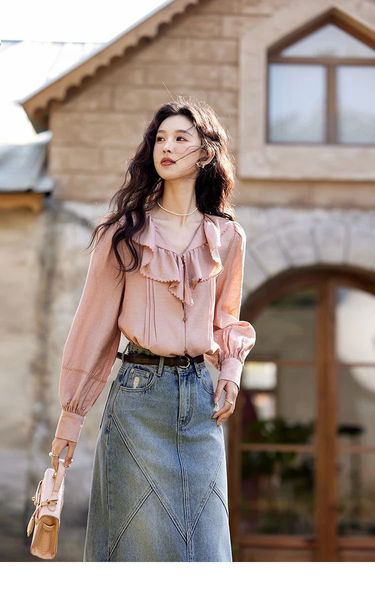 MISHOW Lotus Leaf Collar Shirt Bubble Sleeves Pink Shirt for Women Spring 2025 Sweet Chiffon Top Temperament Shirts MXE12X1702