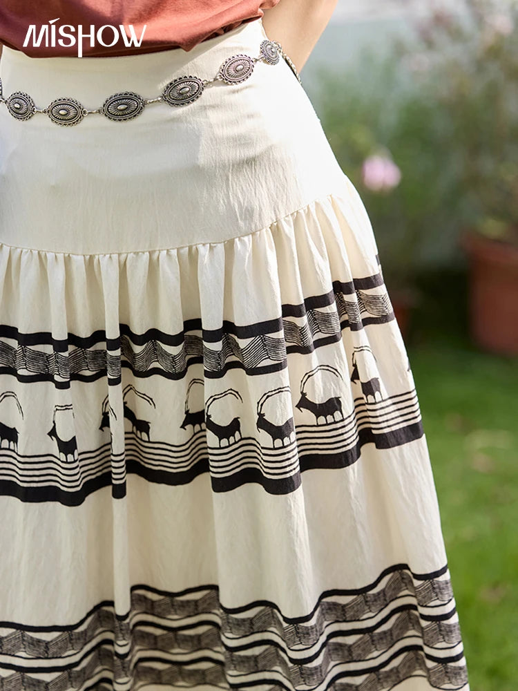 MISHOW Women's Bohemian Print Half Skirt 2025 Summer New Office Lady Fashion High Waist A-line Large Swing Skirt MXE36B0755