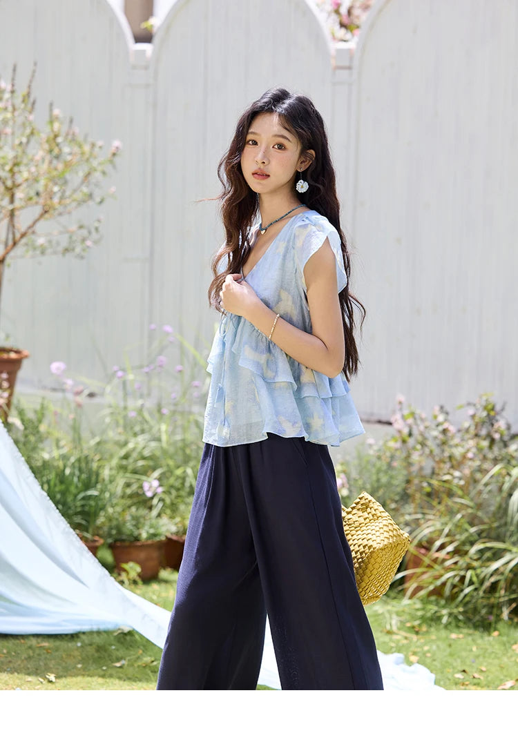 MISHOW Blue Double-layer Ruffled Linen V-neck Blouse for Women Summer 2025 Slim Flying Sleeve Breathable Lace-up Tops MXE33X1819