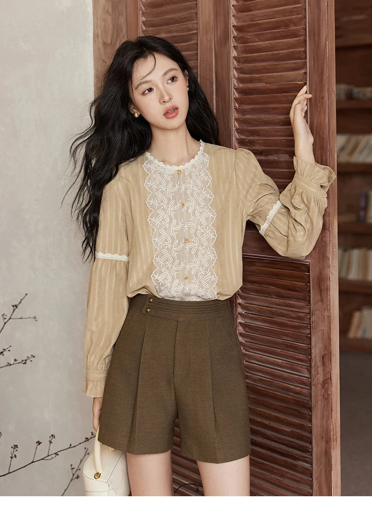 MISHOW Vintage Mesh Embroidery Blouse Women Lace Striped Lace Collar Long Sleeve Top French Lantern Sleeve Outwear  MXD47X1664