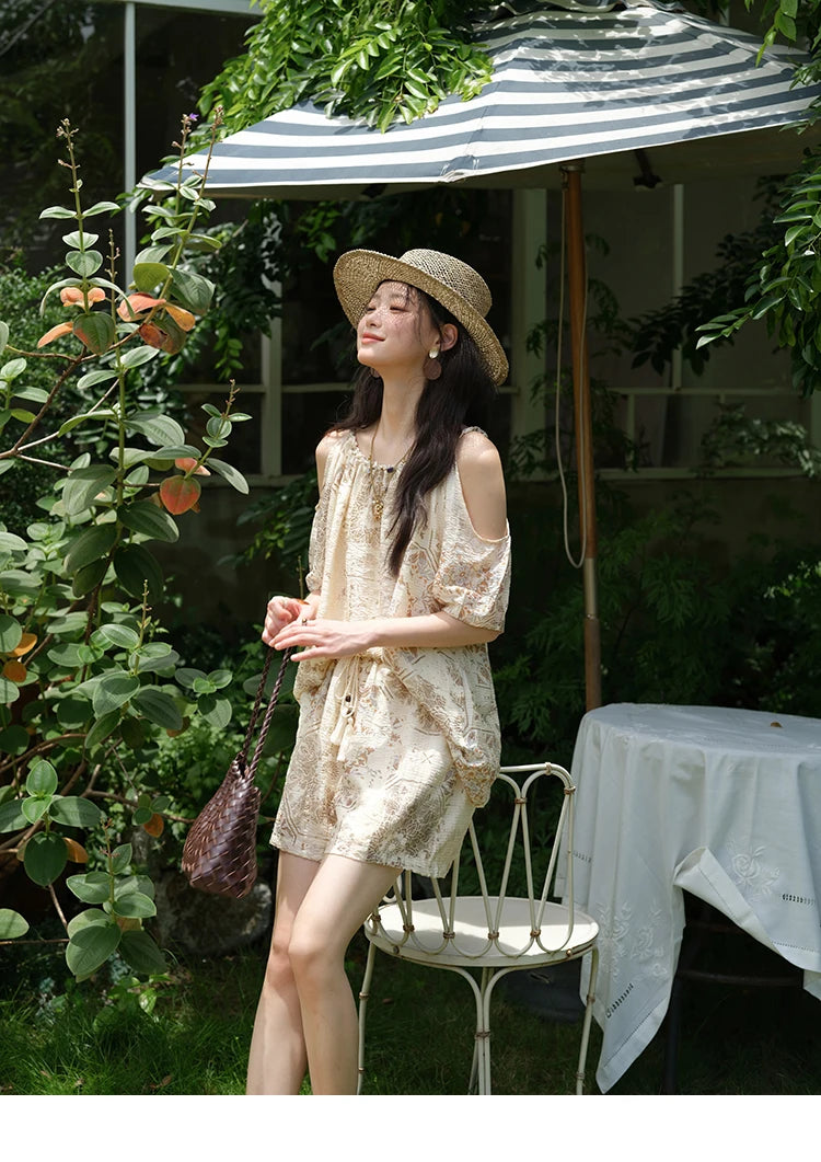 MISHOW Women's Two Piece Set 2025 Summer New Casual Bohemian Print Top Beaded Tassel Drawstring Pocket Shorts Set MXE39T0723