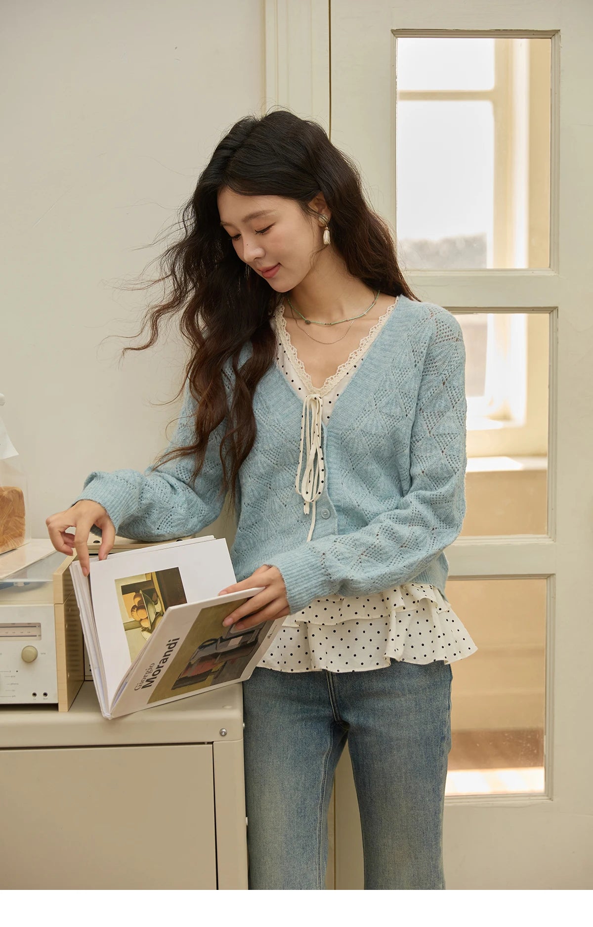 MISHOW Women's Blue Argyle Knitted Cardigan 2025 Autumn V Neck Drop Dropped Sleeve Cardigan Hollow Out Wool Blend Top MXE41Z1313