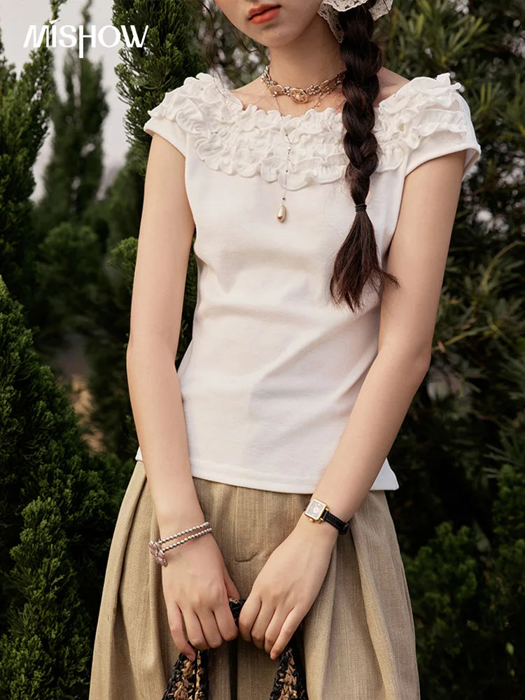 MISHOW French Stringy Selvedge One Neck T-shirt for Women Summer 2025 Raglan Sleeves Wool Short Top Sexy Solid Tees MXE34T0605