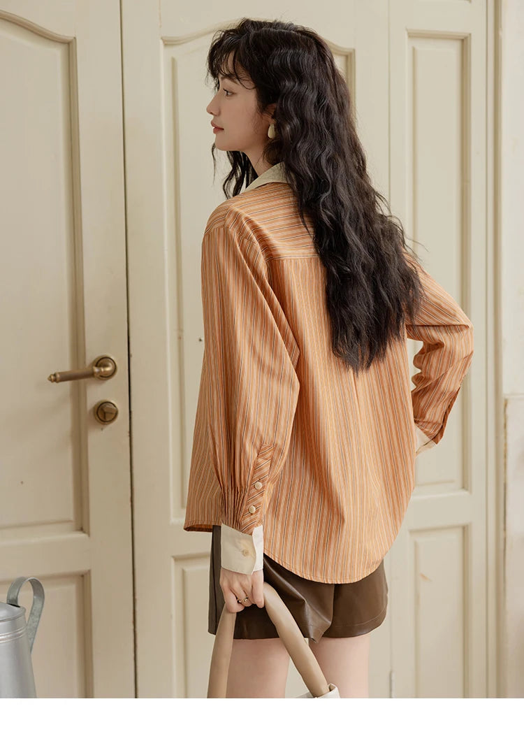 MISHOW Loose Striped Shirt for Women Autumn 2025 Contrasting Lapel Top Single Breasted Patchwork Shirts Office Lady MXD41C0286
