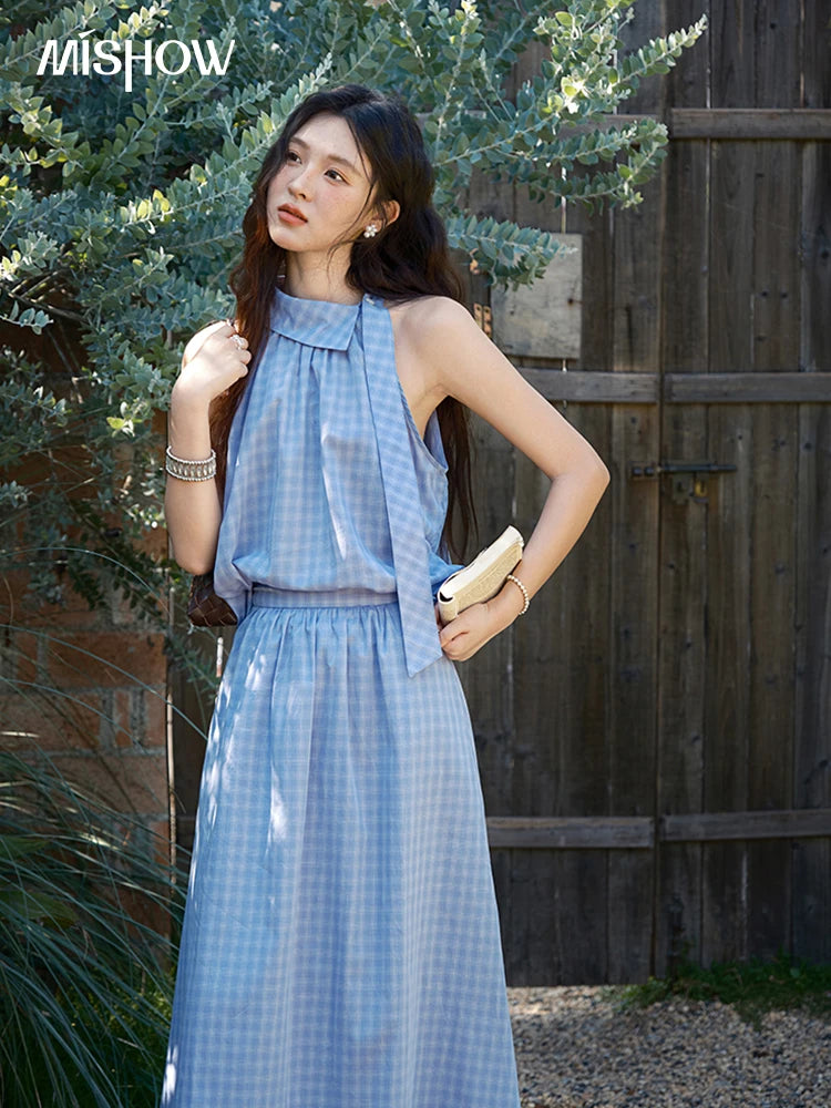 MISHOW Women's 2 Piece Set 2025 Summer Female Vacation Fashion Plaid Hanging Neck Button Top A-line Half Skirt Set MXE39T0711