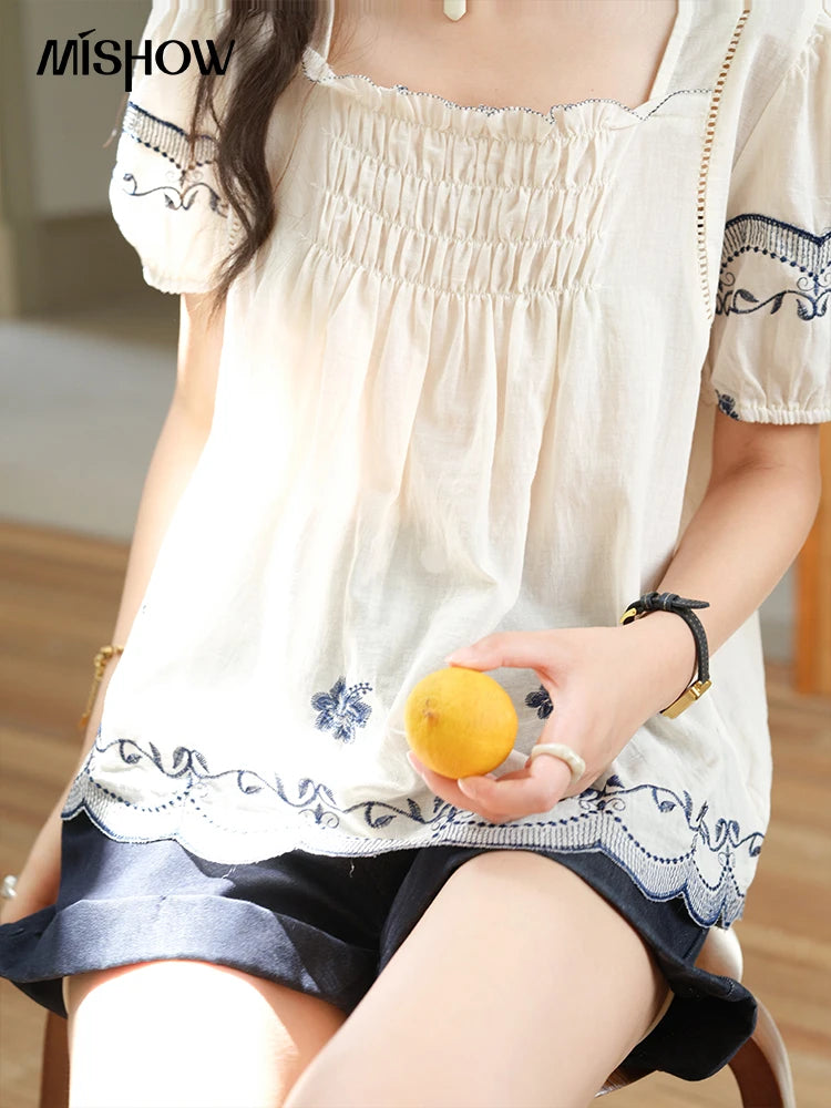 MISHOW Square Neck Puff Sleeve Women's Blouse 2025 Summer Fashion Flower Embroidery Hollow Out Blouse Female Clothing MXE39X1953