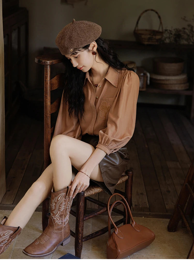 MISHOW Hong Kong Retro Solid Long Sleeve Shirt 2024 Autumn Temperament Loose Tops Lantern Sleeve Embroidery Shirts MXD41C0287