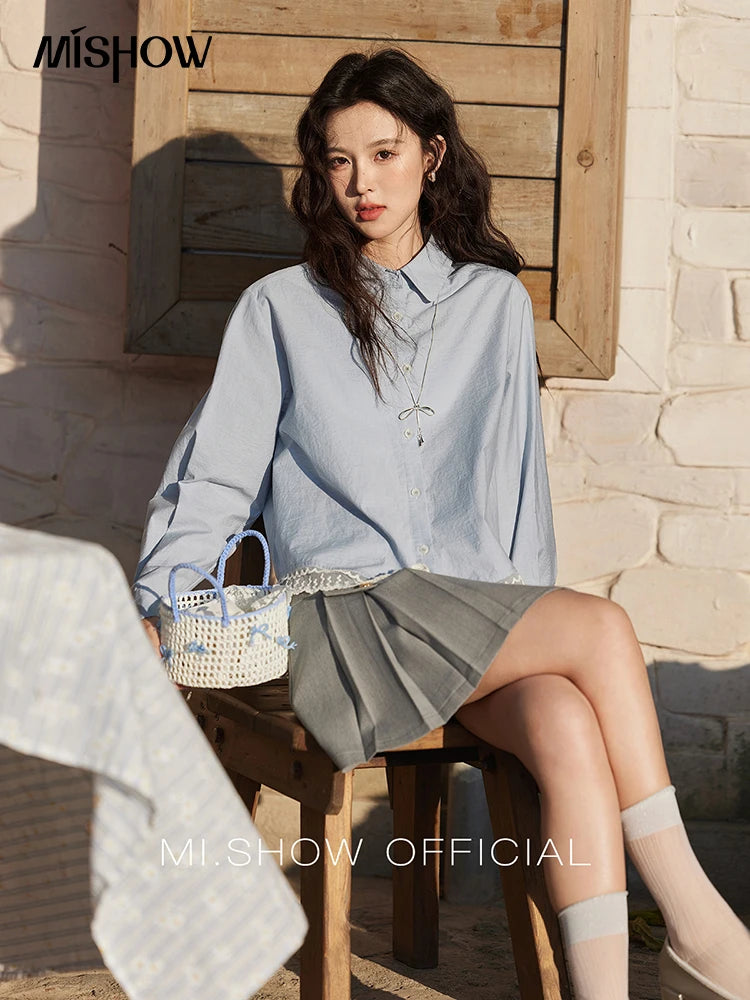 MISHOW Women's 100 Cotton Blue Shirt Spring 2025 Hem Lace Shirt Lapel Collar Commute Top Casual Solid Loose Shirts MXE12C0410