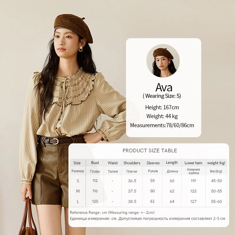 MISHOW Striped Shirt for Woman 2025 New Retro Wood Ear Edge Round Neck Embroidery Top Korean Popular Clothes Autumn MXE46X2492