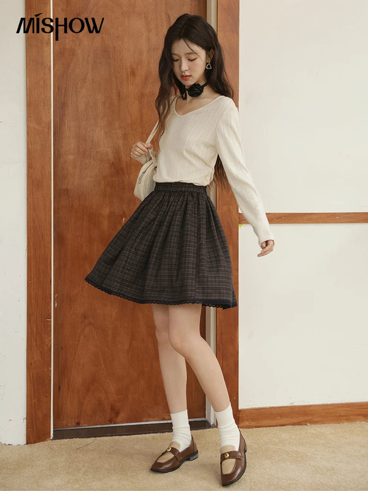 MISHOW Green Plaid Short Skirt Autumn Handmade Flower Tie Brushed Fabric Skirt Elastic Waist Hem Splic Lace Skirts MXE44B2407