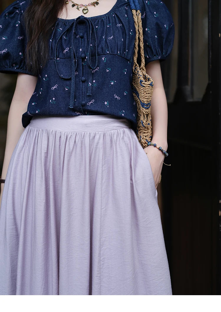 MISHOW Fashion Puff Sleeve Square Neck Blouse for Women 2025 Summer Lace Up Button Print Denim Top Women's Clothing MXE39X1933