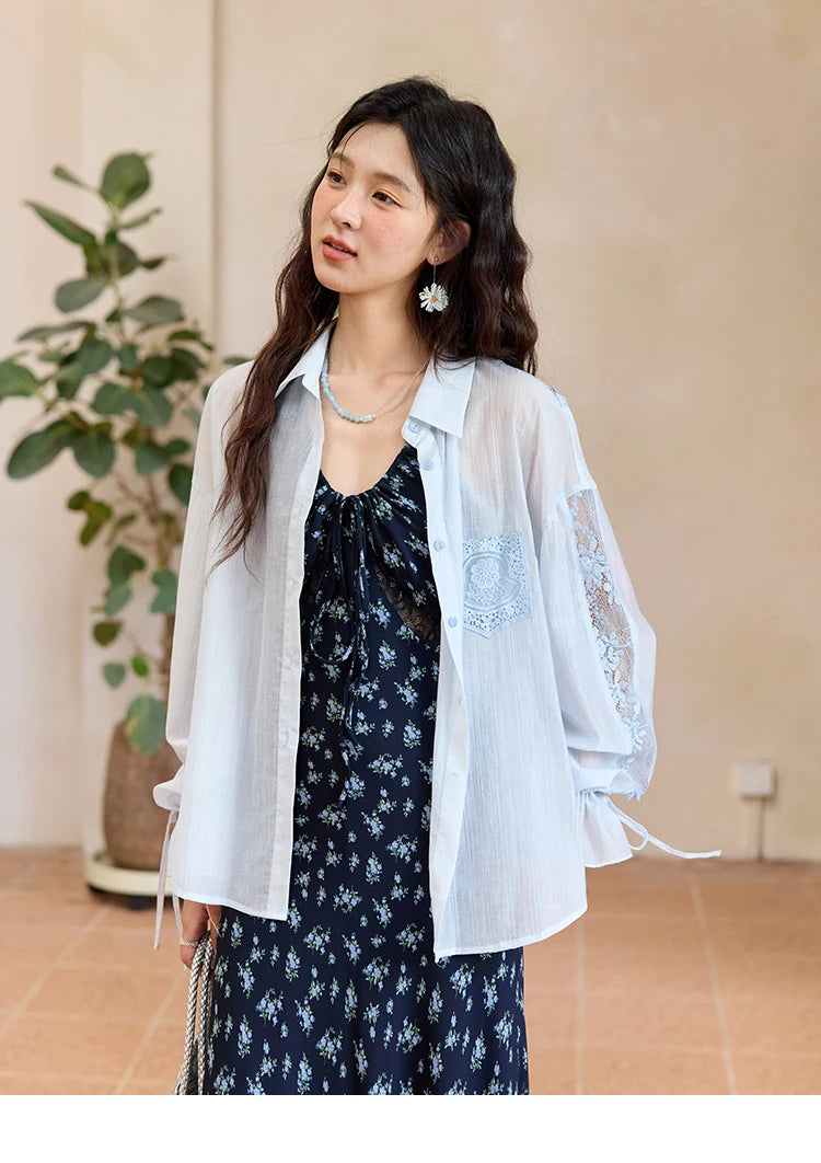 MISHOW Blend Patchwork Lace Cool Shirt Female Autumn 2025 Korean Loose Lapel Drop Sleeve Shirts Drawstring Cuffs Top MXE31C0789