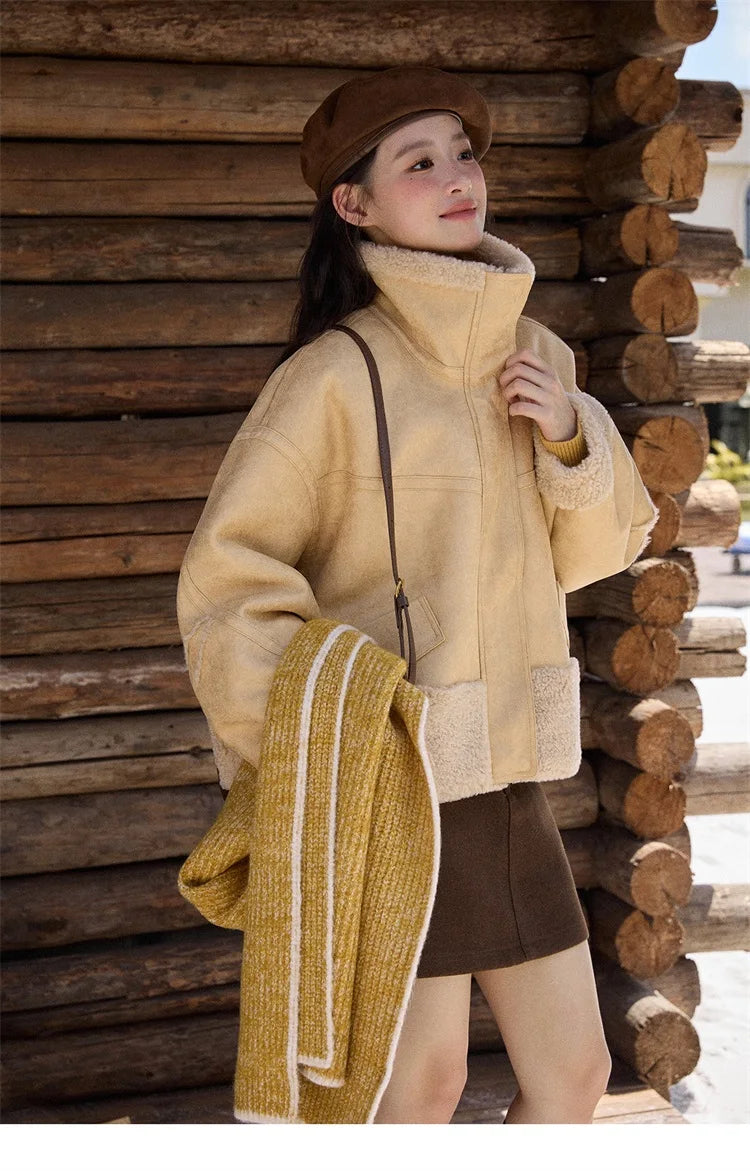 MISHOW Woman Short Jacket 2025 Fashion Yellow Stand Collar Zipper Jacket Luxury Loose Windproof Long-sleeved Coats MXE90W0996