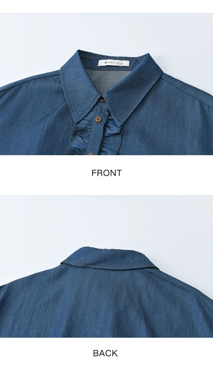 MISHOW Blue Lyocell Imitation Denim Shirt for Women Autumn 2025 Ruffled Placket Contrasting Button Waist Cinc Shirt MXE43C2386