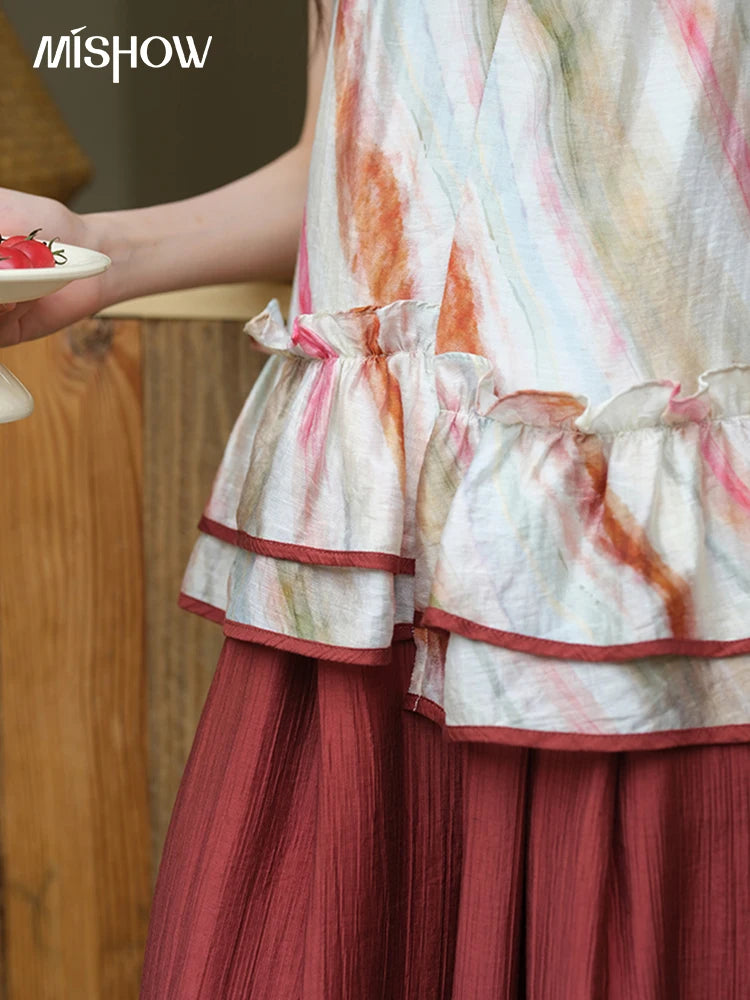 MISHOW Women's Retro Stripe Print Blouse 2025 Summer New Fashion O-Neck Butterfly Sleeve Ladies Casual Patchwork Top MXE38X1862