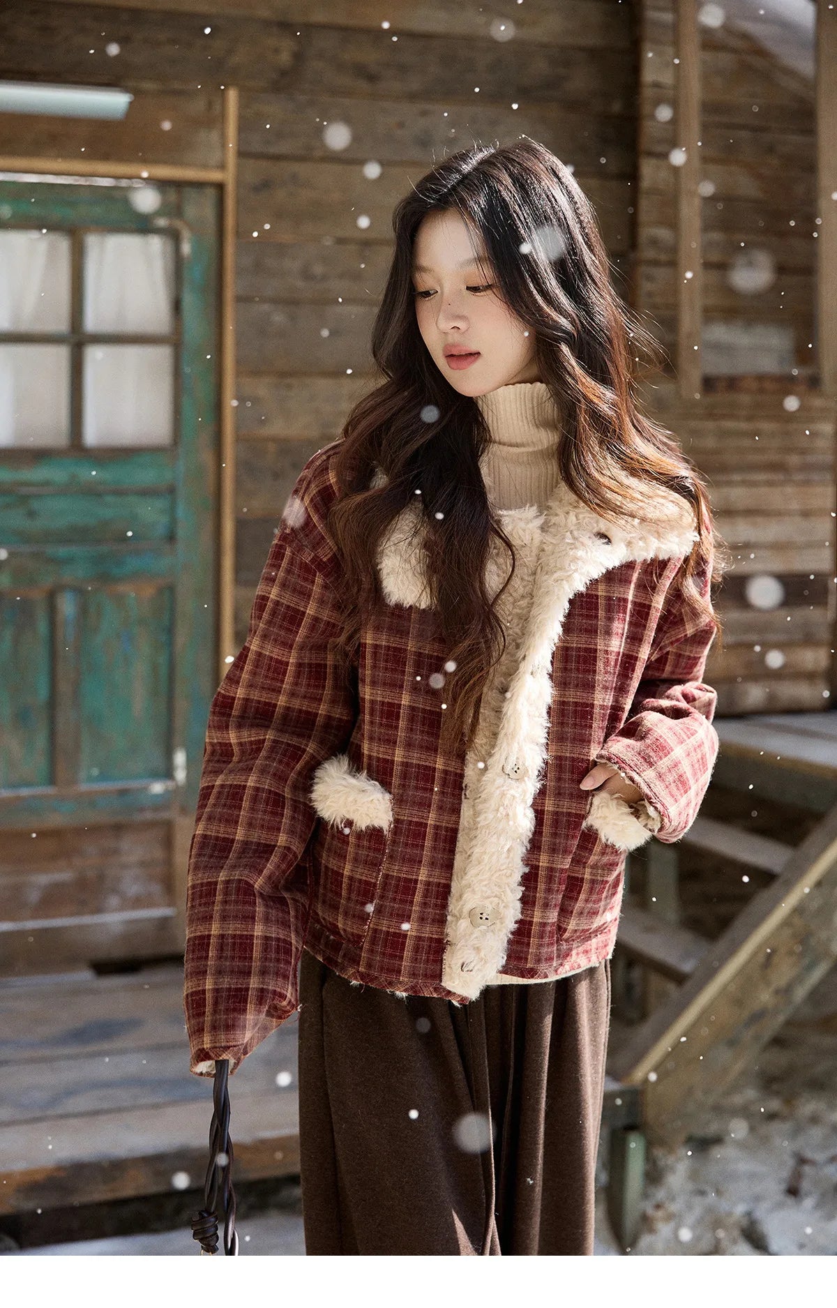 MISHOW Christmas Women's Reversible Retro Red Plaid Lamb Wool Coat 2025 Winter Loose Warm Fur-Lined Lapel Outerwear MXE93W1009