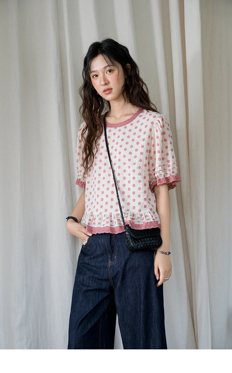 MISHOW Women's Blouse Fashion Pink Polka Dot Short Top 2025 Summer Sweet Puff Sleeve Blouse Casual Female Clothing MXE37X1900