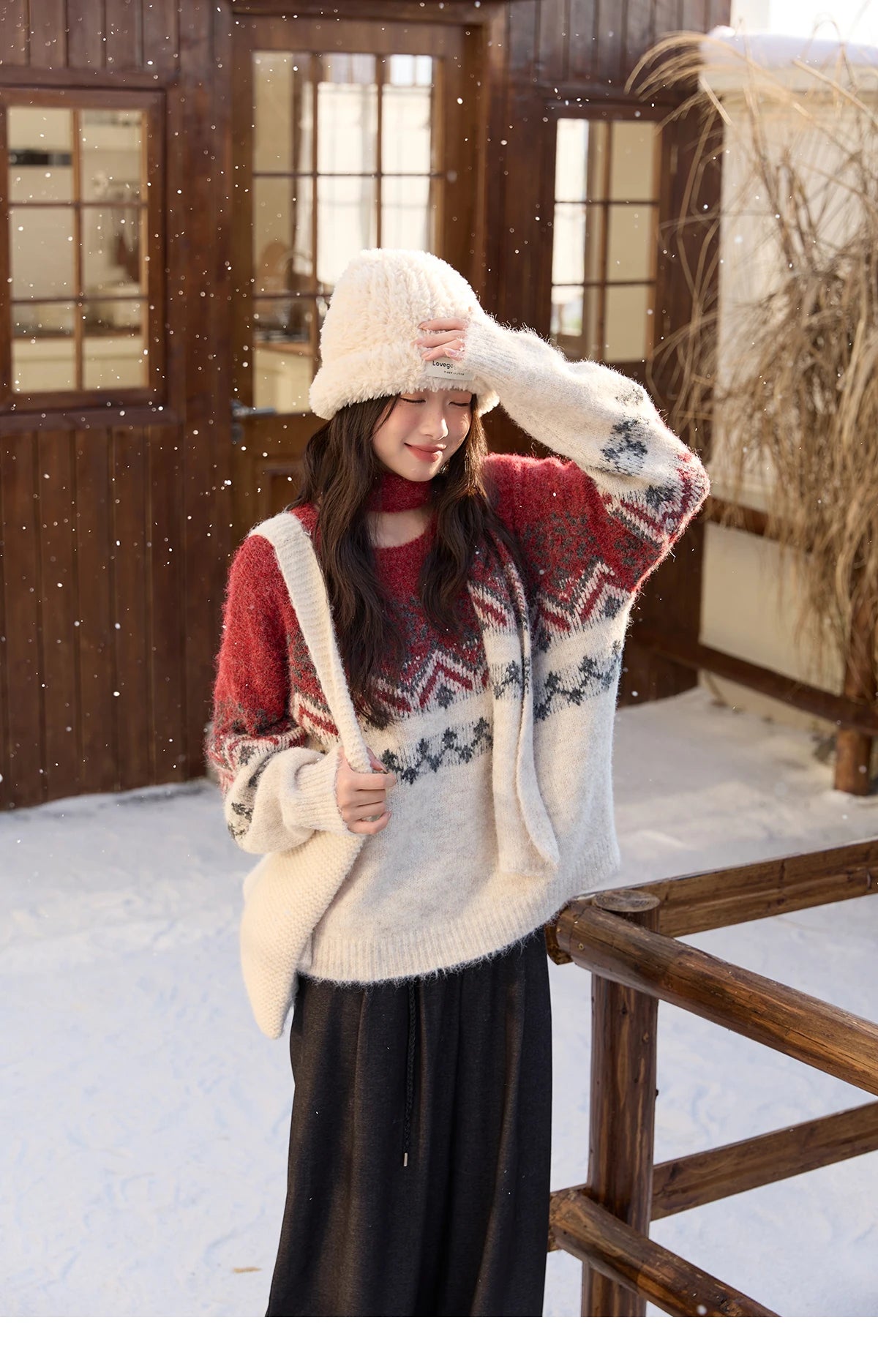 MISHOW Christmas Jacquard Retro Sweater Winter Geometric Red Scarf Fair Isle Sweater Wool Blend Thickened Knitted Top MXE51Z2628