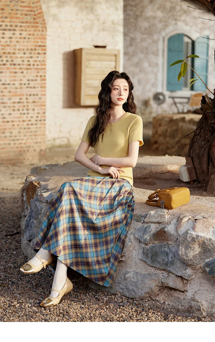 MISHOW Women's Short Sleeved Knitted T-shirt Spring 2025 Korean Minimalist Back Hollowed Out Pearl Buckle Design Tees MXE13Z1072