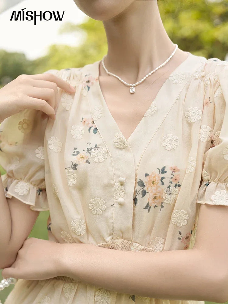 MISHOW Women's Chiffon Dress 2025 Summer French Elegant Floral Embroidered A-LINE V-Neck Sweet Knee-Length Dresses MXC38L1424