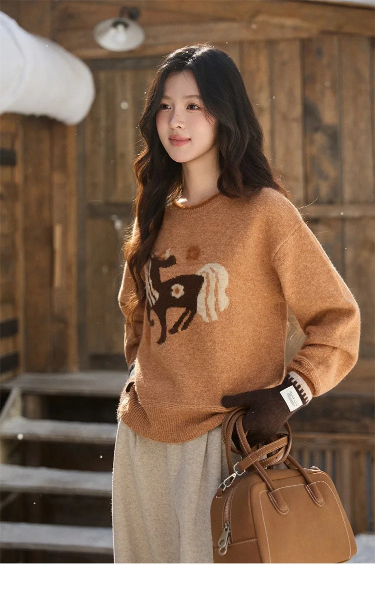 MISHOW Women's Horse Pattern Knit Sweater Winter Crew Neck Sweaters Collar Cuffs Splice Contrasting Faux Mink Fur Top MXE94Z2863