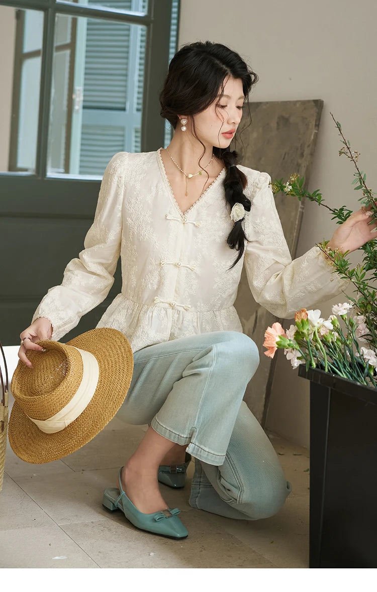 MISHOW Chinese Lace Blouses French Sweet Three-dimensional Embroidery Spring 2024 Button Up V-neck Long Sleeved Top MXD14X1433