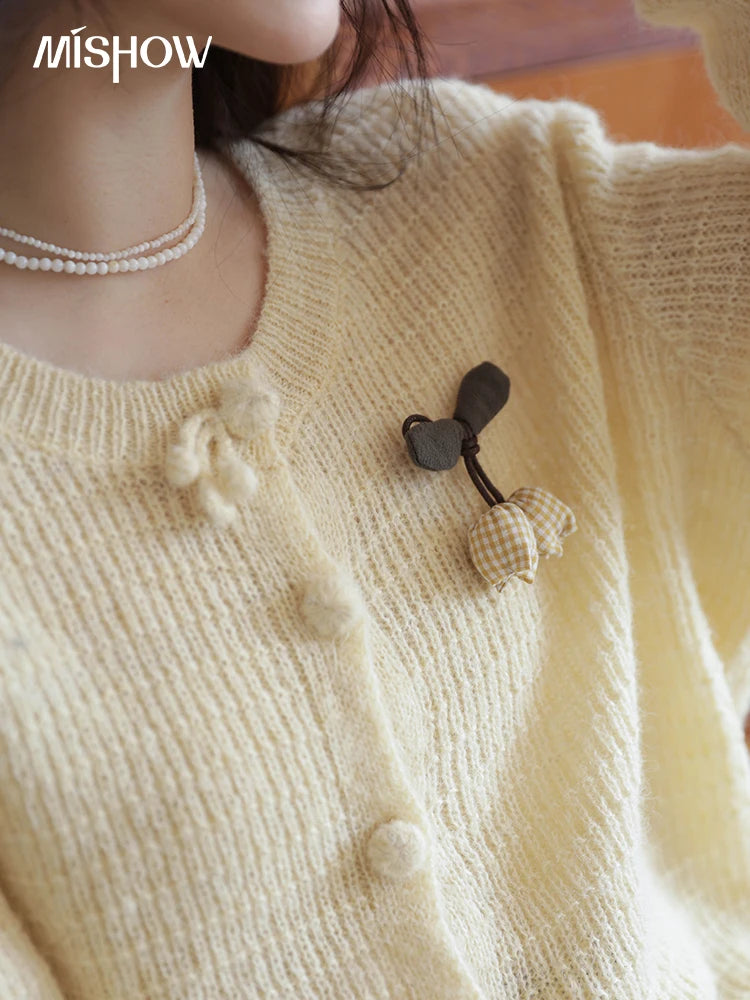 MISHOW Women's Knit Cardigan 2025 Autumn Elegant Camellia Brooch Round Neck Long-Sleeve Top Solid Commute Outerwear MXE44Z1390