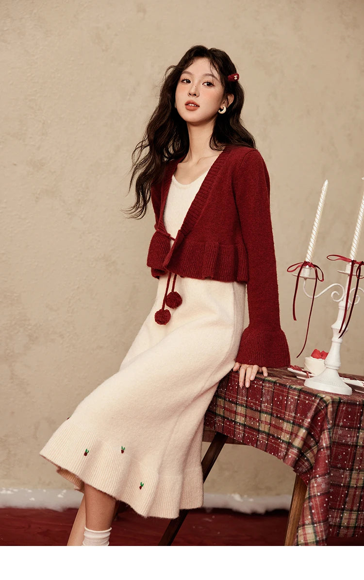 MISHOW Christmas New Year Ruffle Strap Dress Pom-Pom Lace-up Knitted Cardigan Sepertely 2024 Hem Fish Tail Dresses MXD59L2133