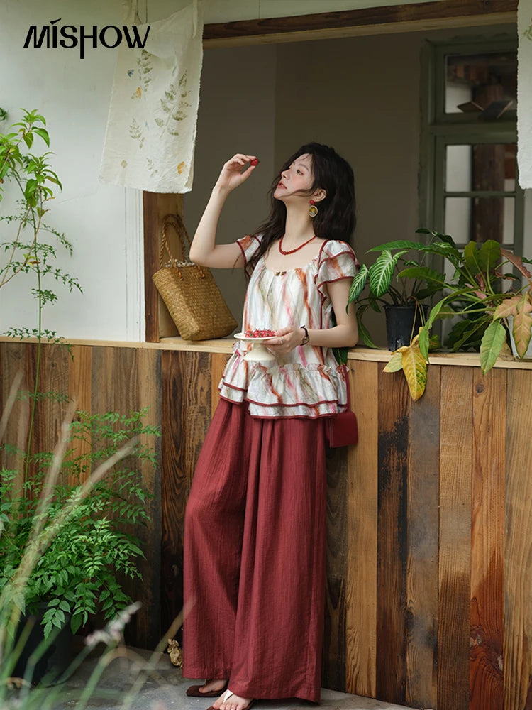 MISHOW Women's Wide Leg Pants 2025 Summer New Office Lady Fashion High Waist Casual Pocket Red Pants Female Clothing MXE38K0952