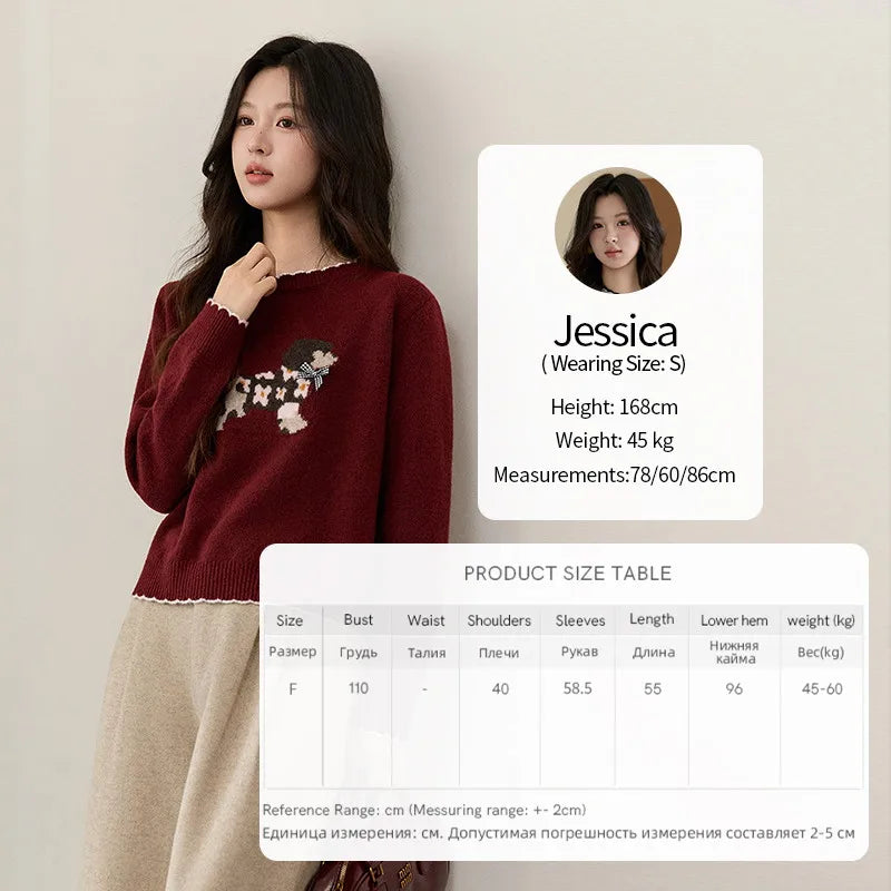 MISHOW Women's Burgundy Knitted Sweater 2025 Winter Poodle Pattern Ruffled Trim Crew Neck Sweater Warm Pullover Tops MXE93Z2949