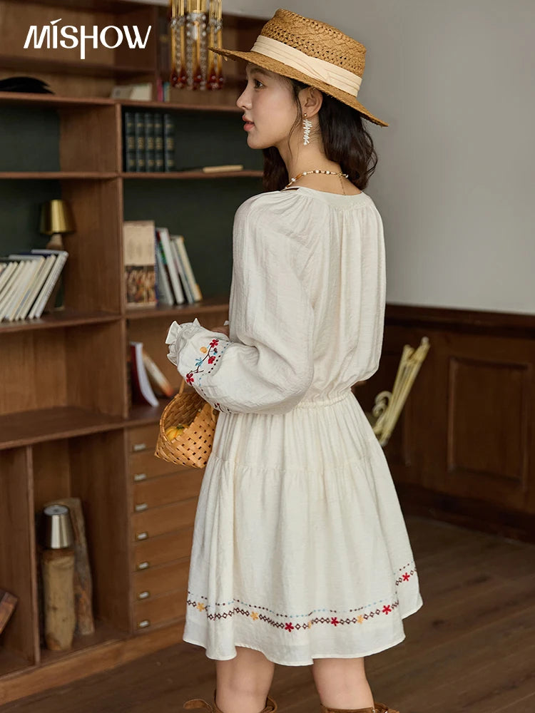 MISHOW Woman Long Sleeve Dress Autumn Elegant V-neck Embroidered Drawstring Waist Dress A-line Bohemian Midi Dresses MXE44L2489