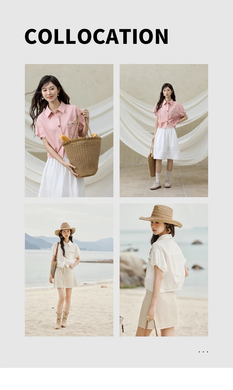 MISHOW Casual Summer Blouses Women 2025 New Short Puff Sleeve Turn Down Collar Shirt Female Fashion Shell Ribbon Tops MXE33C0773