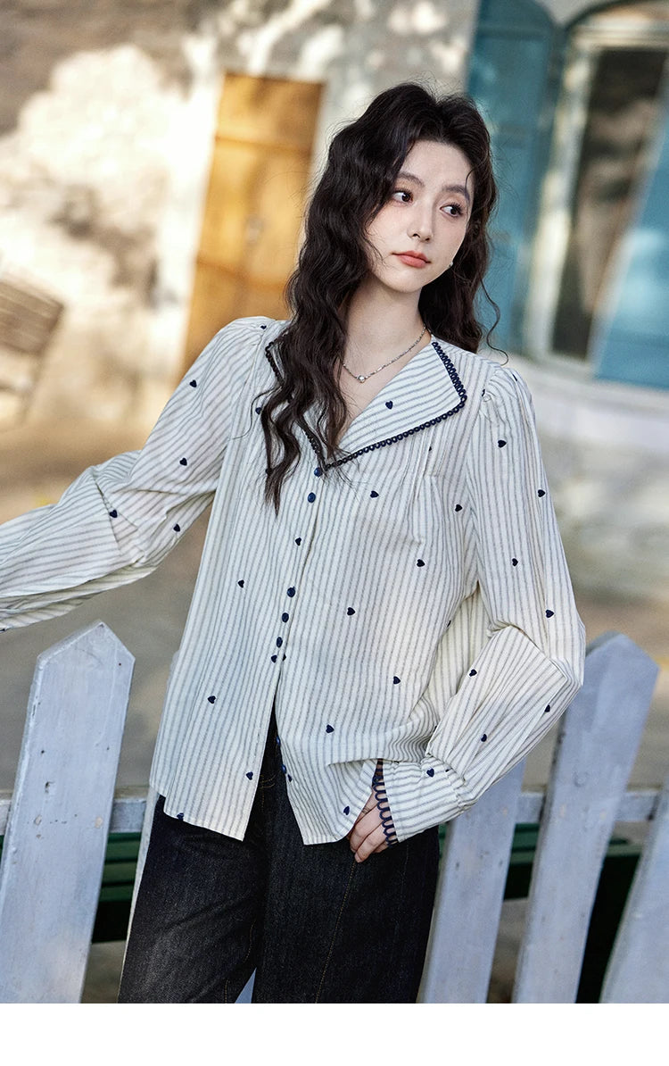 MISHOW Striped Bubble Sleeve Shirt for Women 2025 Spring French Retro Love Embroidered Top 100 Cotton V-neck Shirts MXE12C0390