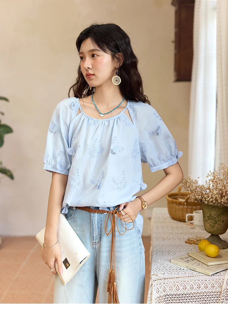 MISHOW Women's Butterfly Embroidery Blouse 2025 Summer New Fashion Hollow Out O-Neck Casual Top Female Clothing MXE36X1878