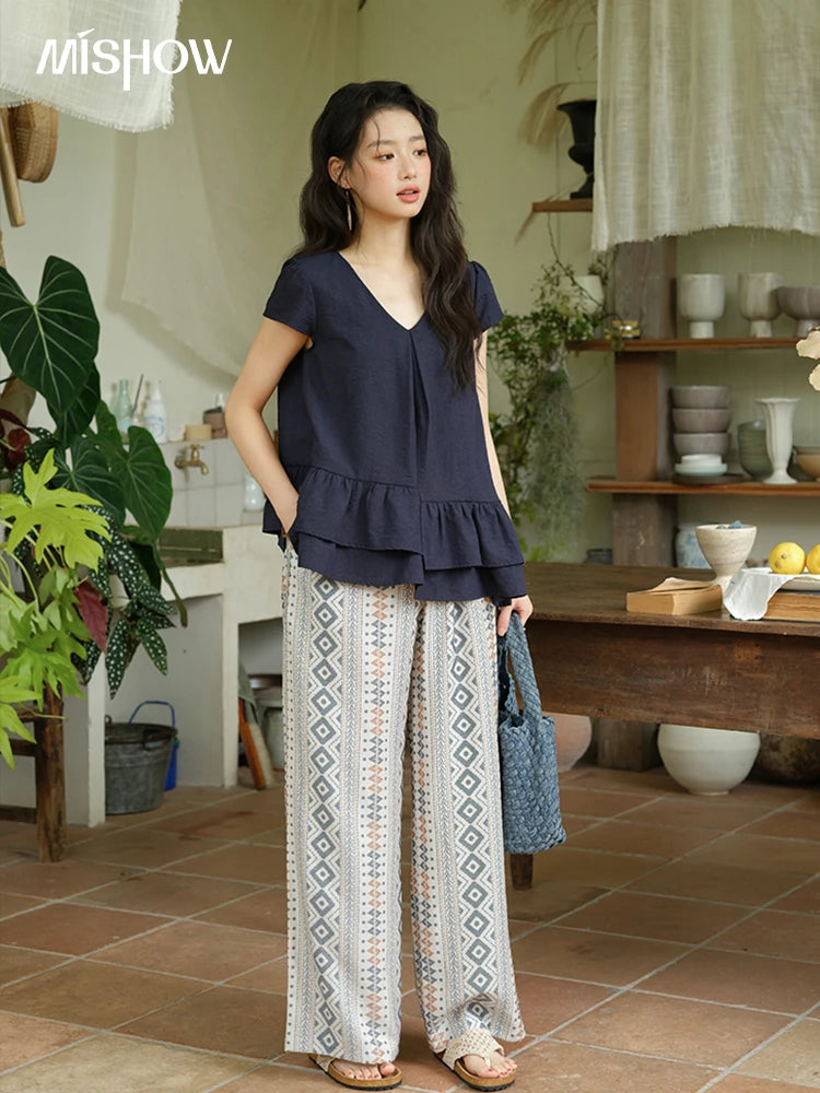 MISHOW Women's Two Piece Set 2025 Summer Spliced Lotus Leaf Edge V-neck Blouse Fashion Geometric Wide Leg Pants Set MXE39T0670