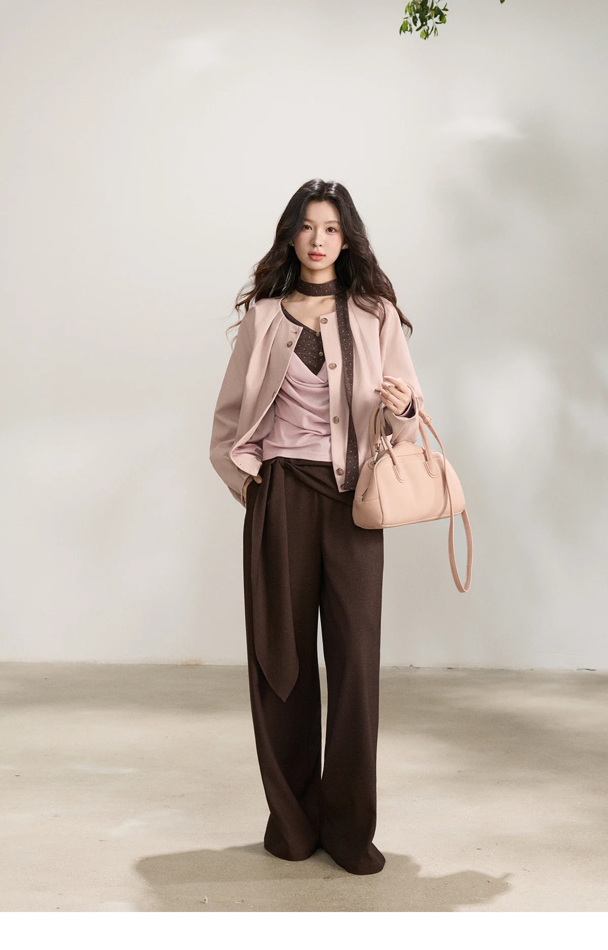 MISHOW Women's Pink Flower Bud Leather Jacket Spring 2026 Crew Neck Single-breasted Coats Casual Loose Cropped Coat MXF108W1001