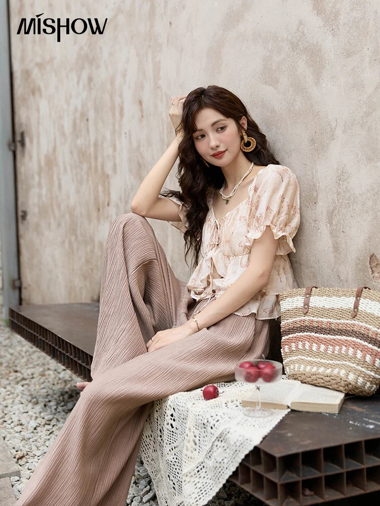 MISHOW French Floral Print Square Neck Shirt for Women 2025 Summer Bubble Sleeve Patchwork Double-layer Ruffle Tops MXD30X1565