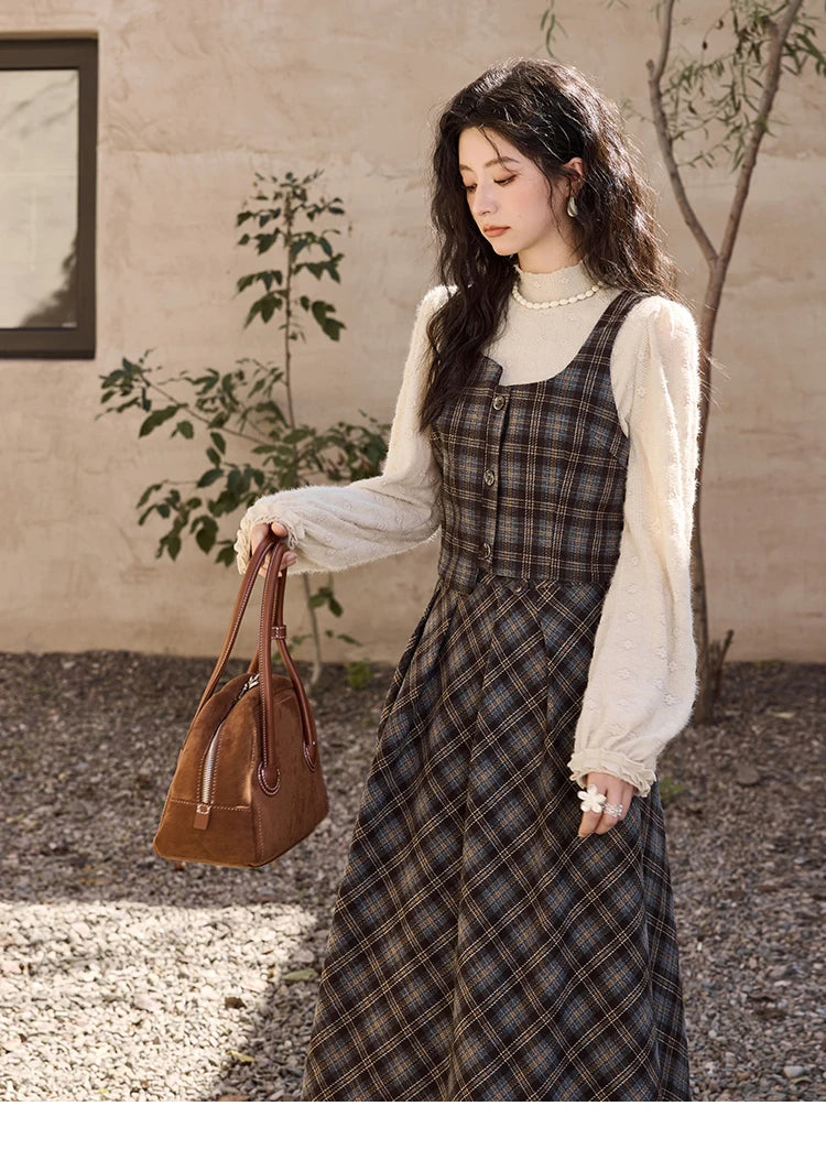 MISHOW Blue Plaid Vest Retro Skirt Separately Women 2024 Winter Retro Plaid Irregular Square Collar Top Midi Skirt MXD44W0454