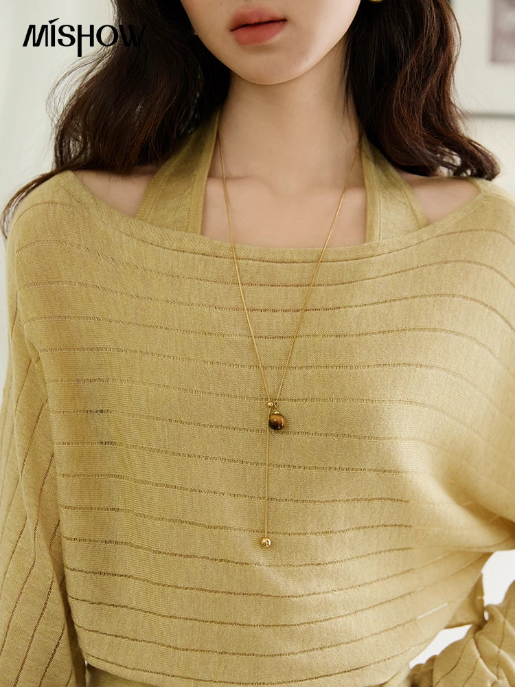 MISHOW Striped Short Hanging Neck Top Two-piece Set 2025 Autumn Wool Blend Knitted Sweater Casual Fashion Top Sets MXE46T1399