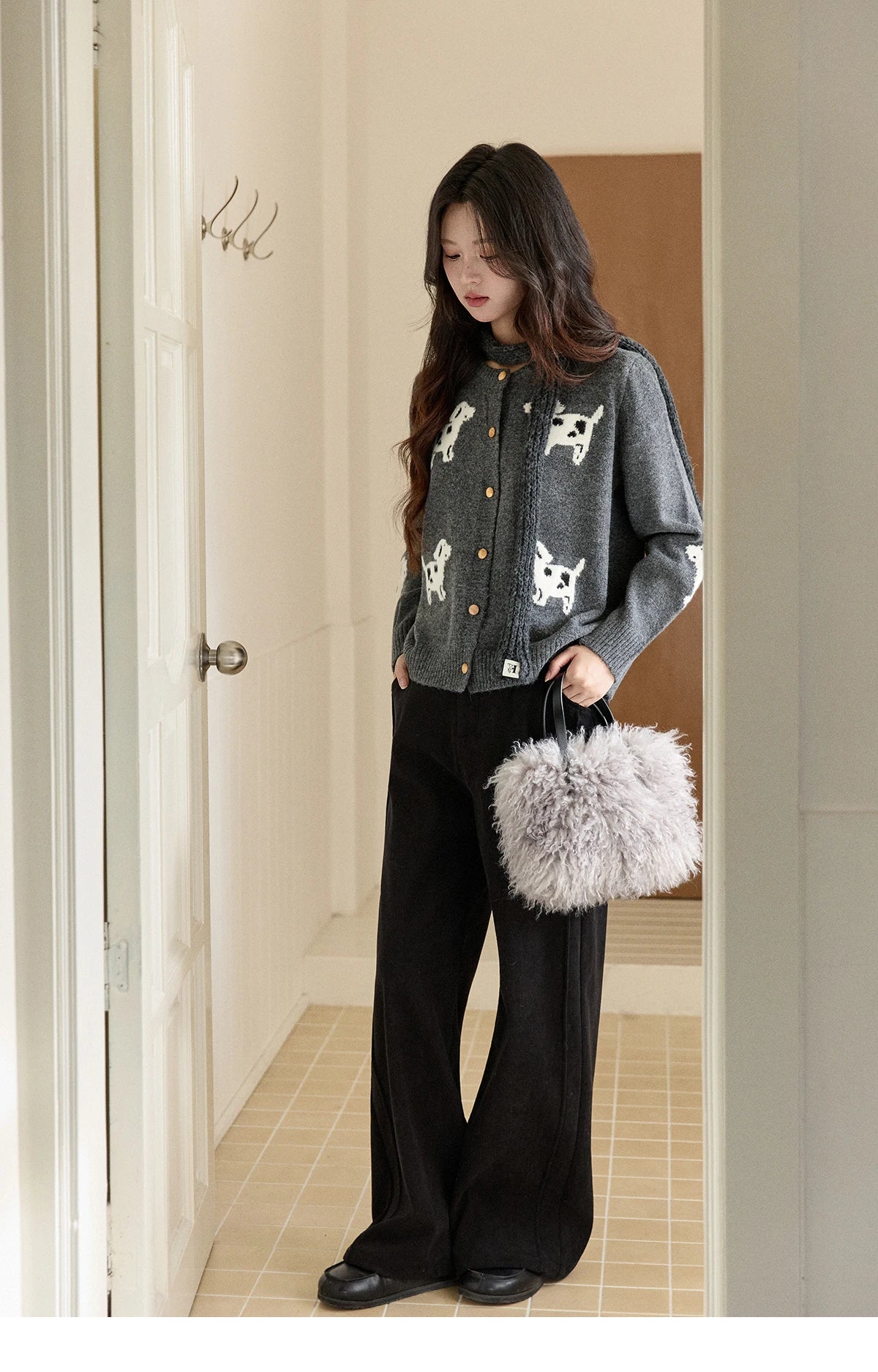 MISHOW Women's Puppy Jacquard Knit Cardigan 2025 Winter Single-breasted Crew Neck Top Warm Loose Sweaters Office Lady MXE93Z2950