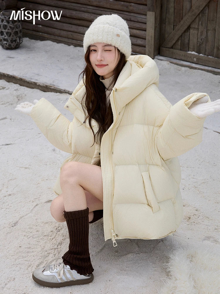 MISHOW Soft 90 Velvet Hooded Down Jacket for Women 2025 Winter Milk Yellow Bread Jacket Loose Jacket Warm Velvet Coat MXE92Y0090