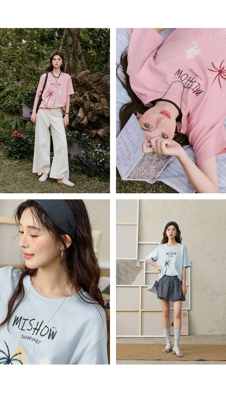 MISHOW Casual Print T-shirts Women 2025 Summer New Short Sleeve Round Neck Coconut Tree Pattern Shirt Woman Holiday MXE31T0516