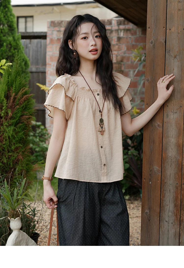 MISHOW Women's Fashion Butterfly Sleeve Blouse Summer 2025 New Loose Casual Square Neck Button Top Women's Clothing MXE37X1854