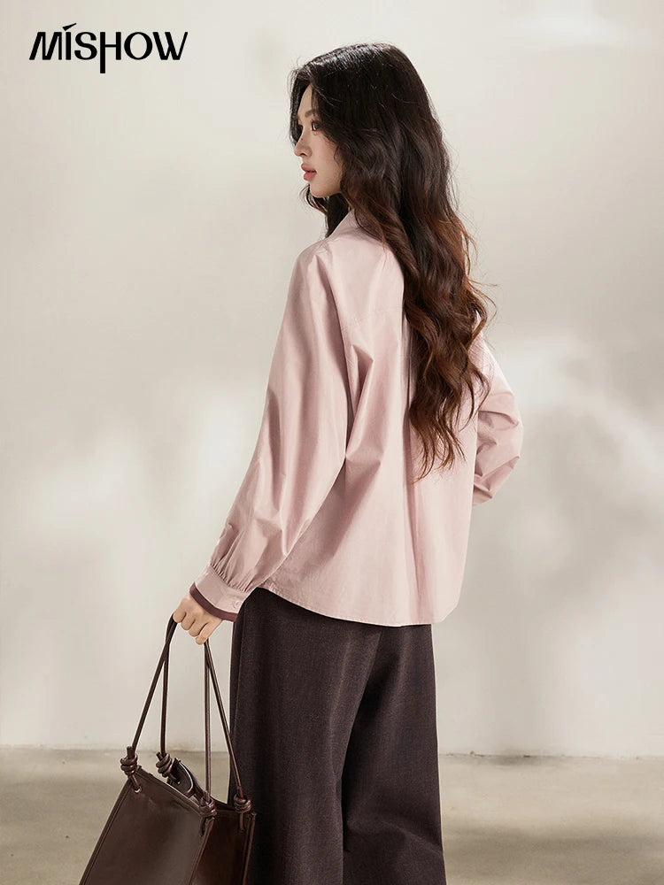 MISHOW Women's French 100 Cotton Contrasting Color Shirts Spring Polo Neck Asymmetrical Casual Commute Loose Shirt MXF13C2435