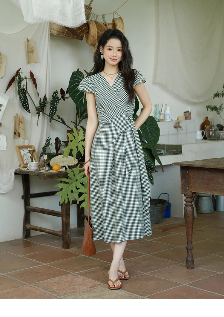 MISHOW Women's Fashion V-neck Dress 2025 Summer Office Lady Plaid Waist Cinched Sashes Short Sleeve Female Dresses MXE39L2410